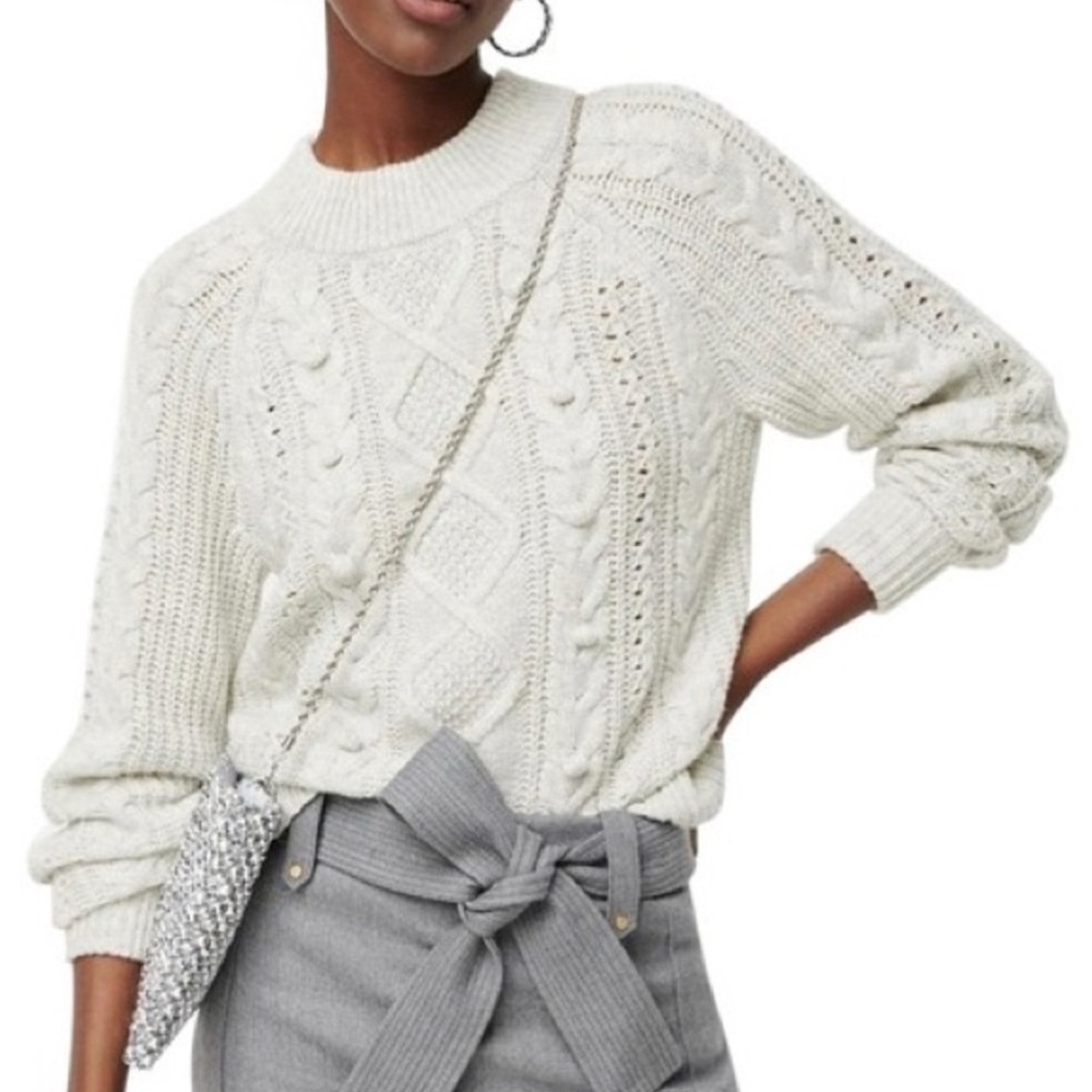 J CREW Azra Cable Knit Pom Pom Mock Neck Wool Blend Baubles Sweater‎ Fisherman S